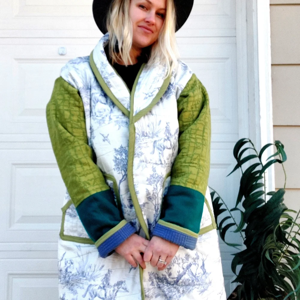 Handmade Chic Multicolor Trench Coat Blue Delft Country Colorblock - Picture 5 of 6